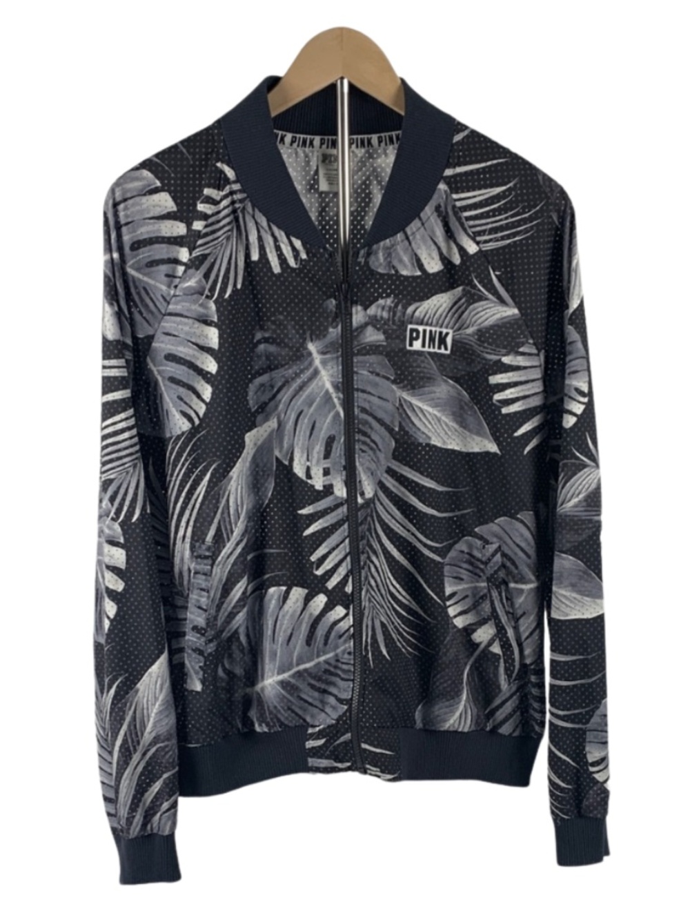 PINK Victoria's Secret Floral Tropical Palm Leaf Mesh Bomber Jacket L Preppy